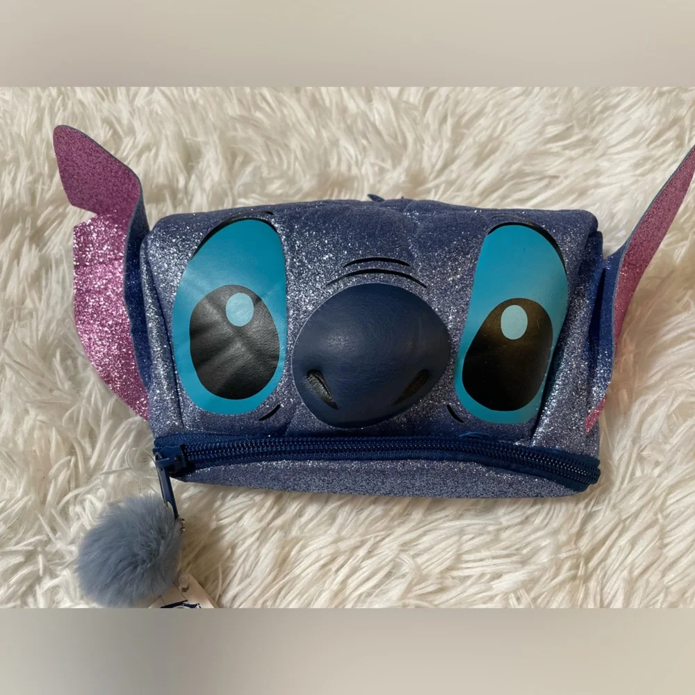 NEW Disney Parks Stitch Head 3D Glitter Pencil Case Makeup Bag Pouch Travel Blue